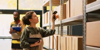 Person scanning boxes on a shelf in a stockroom