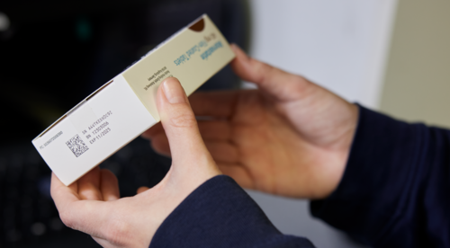 Close up of a GS1 2D DataMatrix on a medicine