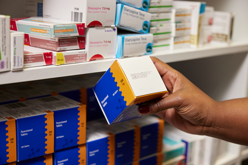Box of medicines with the GS1 GTIN and DataMatrix barcode visible