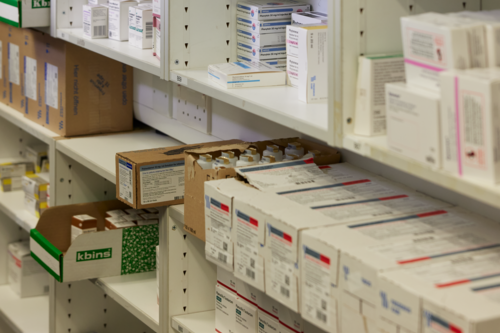 Medicines on a shelf in a hospital pharmacy