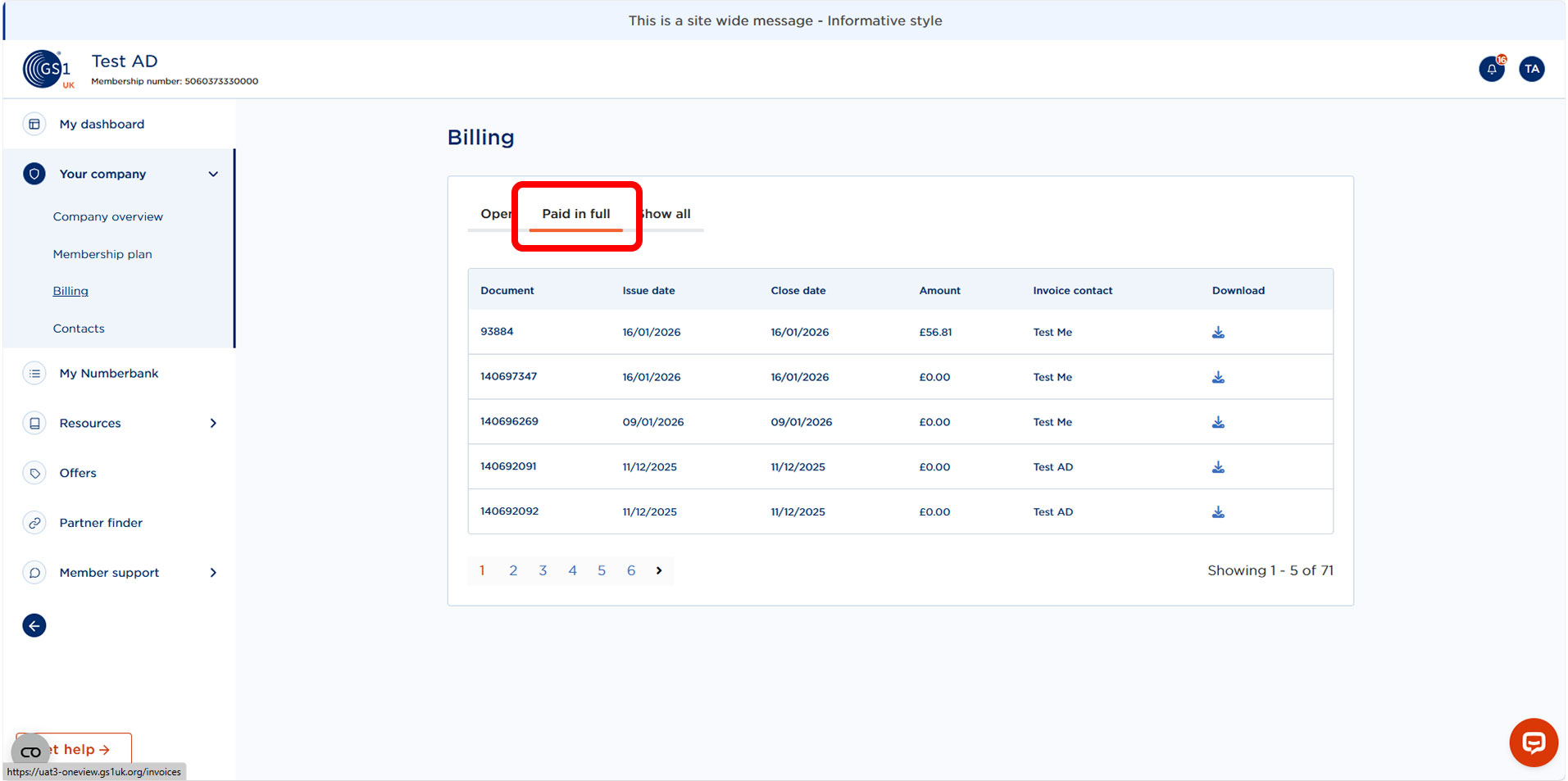 Screen showing payment billing history.