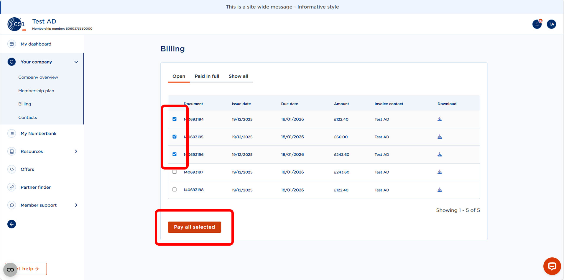 Screen showing option to pay multiple invoices.
