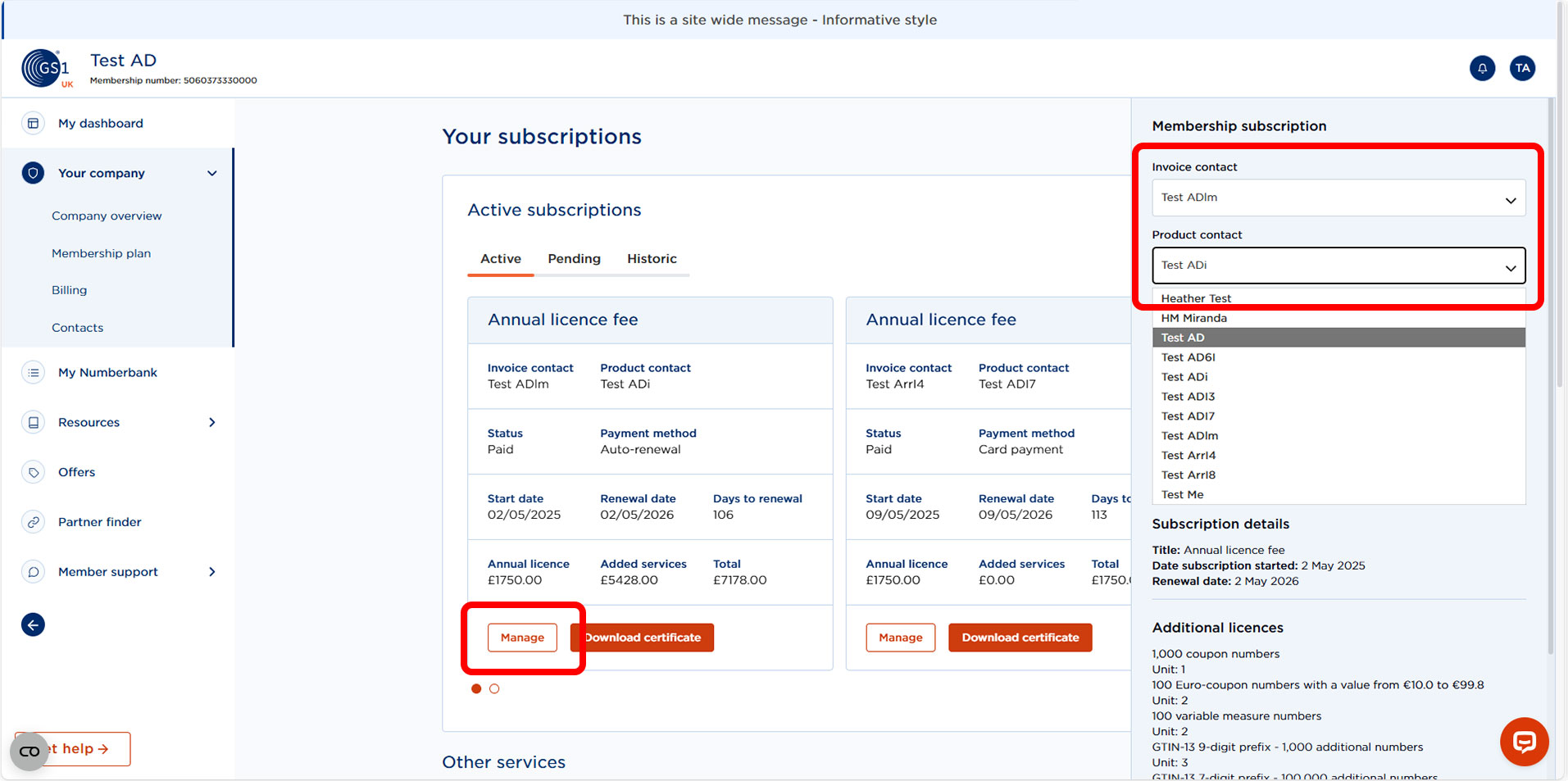 Screen showing how to select invoice and product contacts.