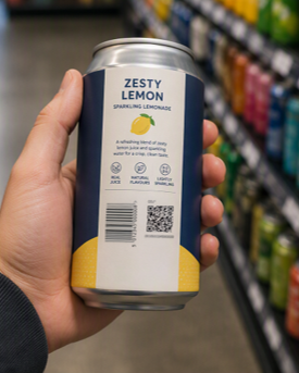 drinks can with 2D and linear barcode