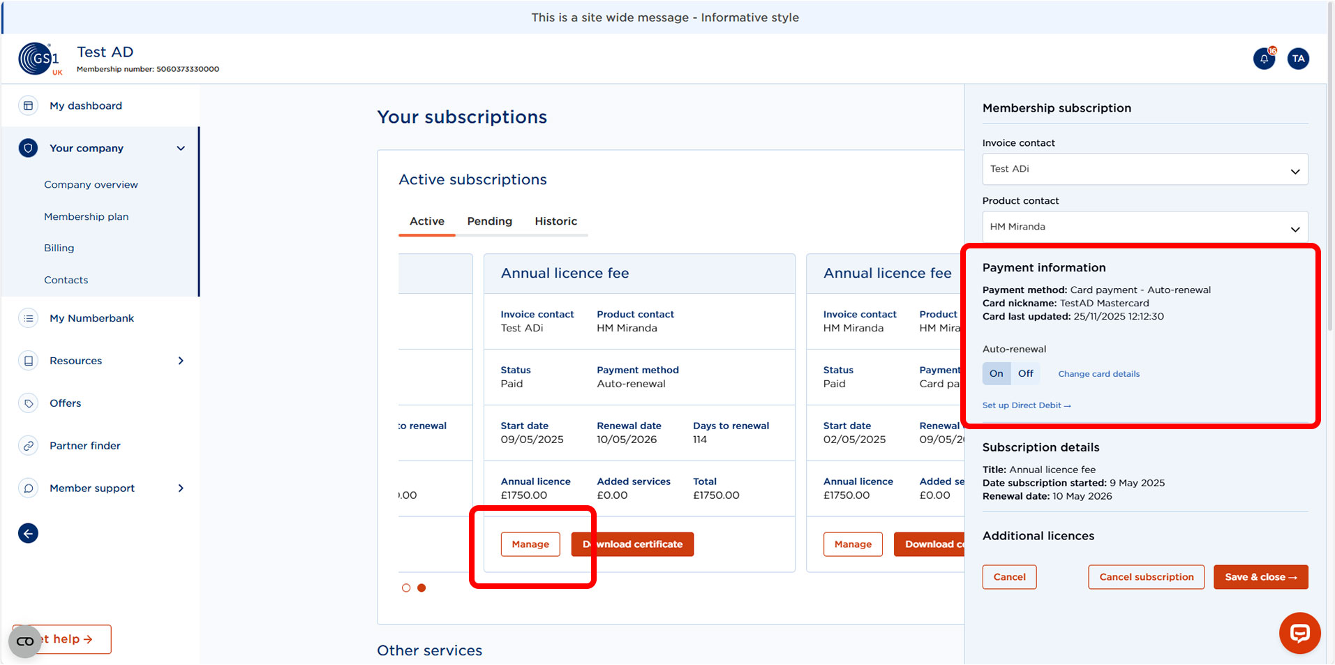 Screen showing payment details.