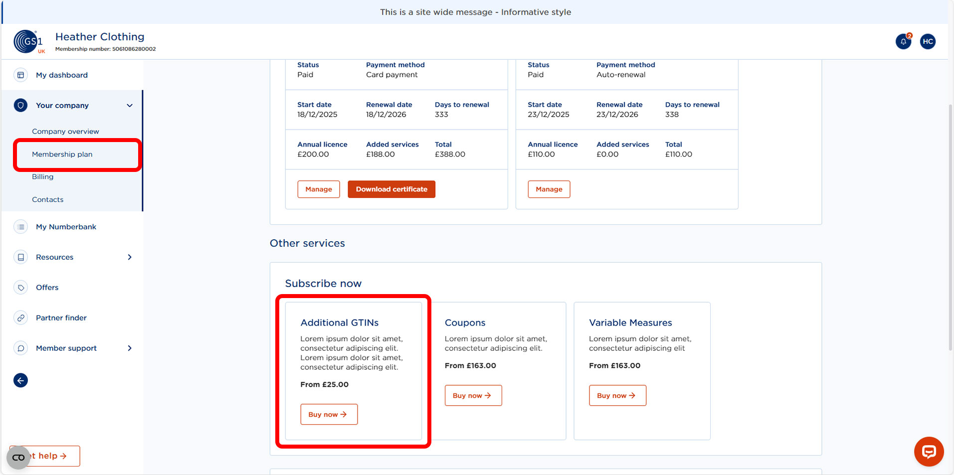 Screen showing additional GTINs on your Membership plan.
