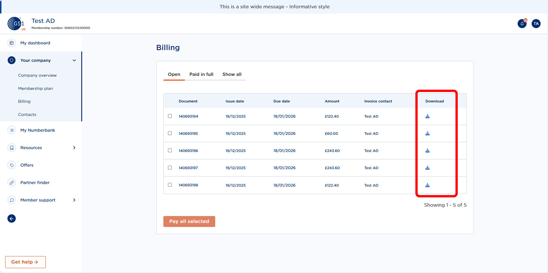 Screen showing invoices with download button highlighted.