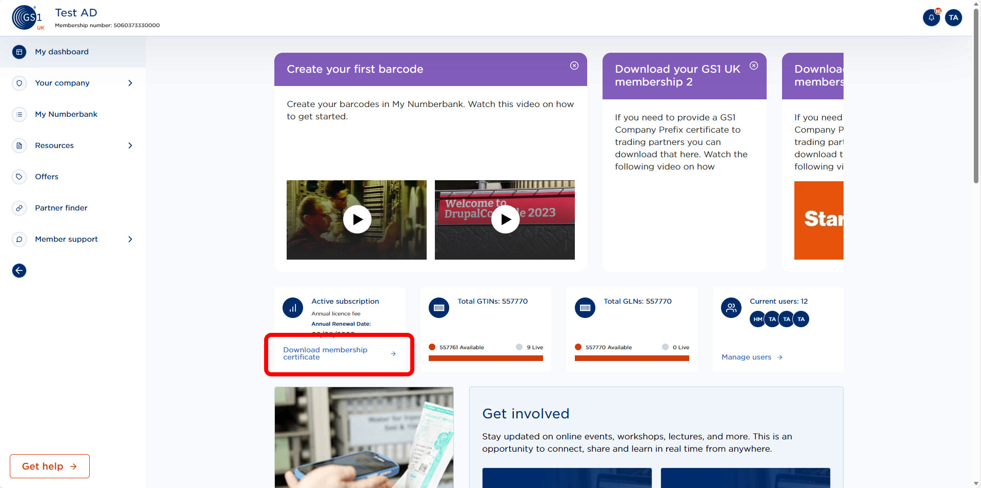 Screen showing download membership certificate button