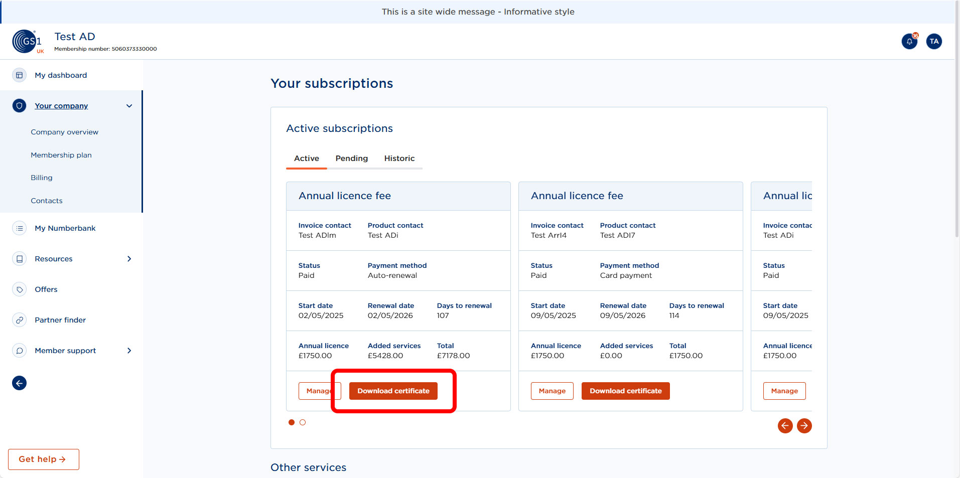 Screen showing the Download certificate button