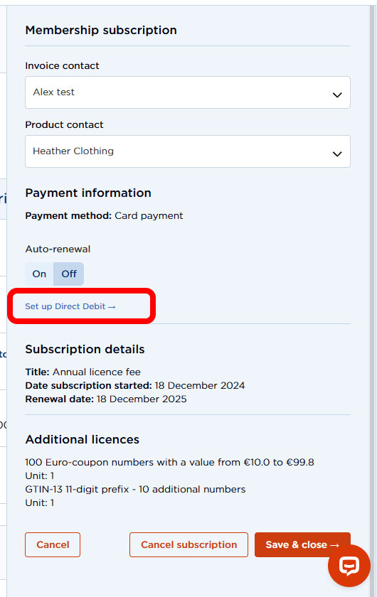 Screen showing how to set up a direct debit