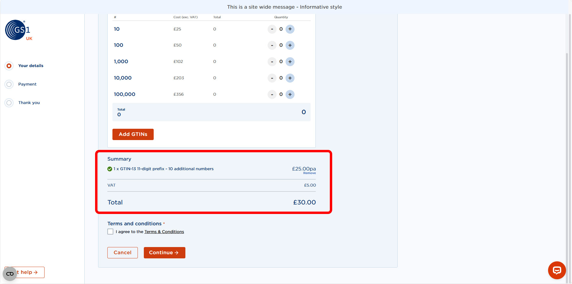Screen showing purchase of additional prefix