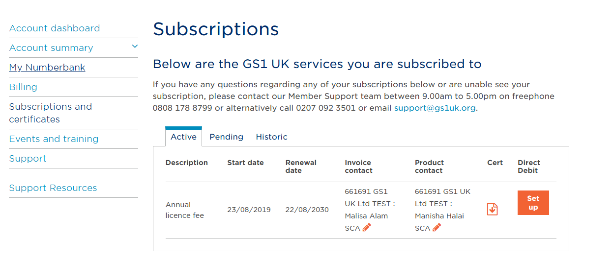My GS1 renewal date screenshot