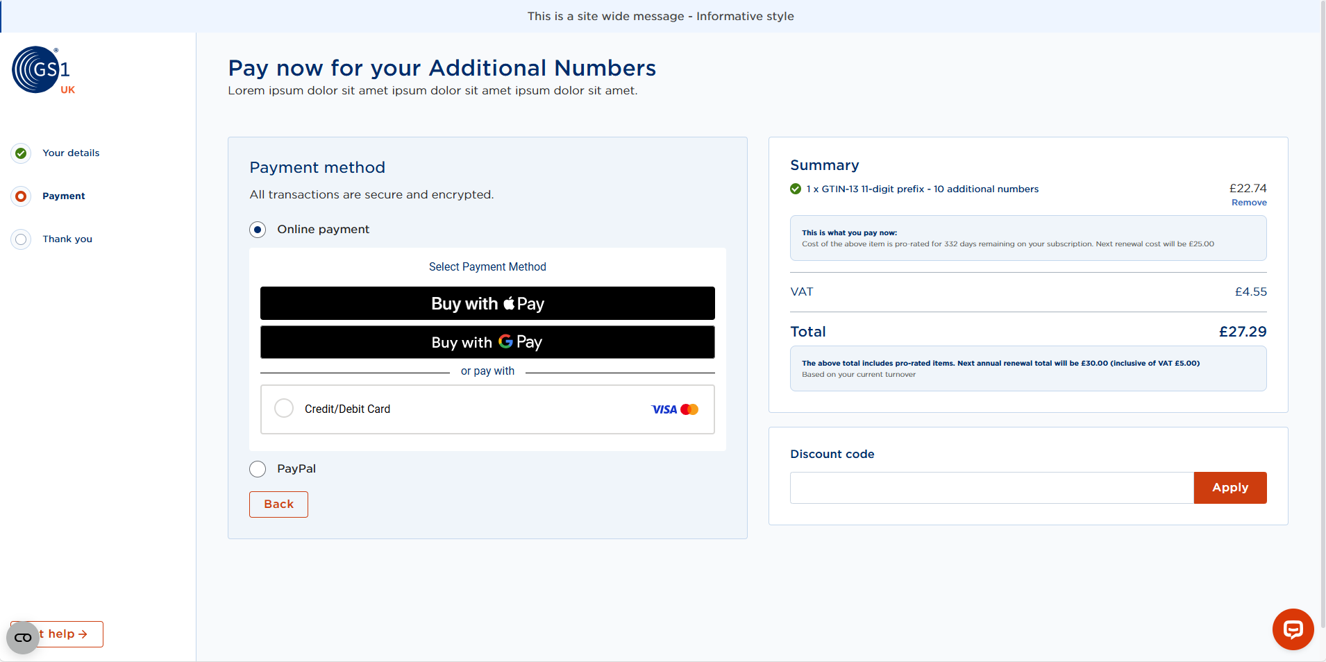 Screen showing payment options for additional prefix