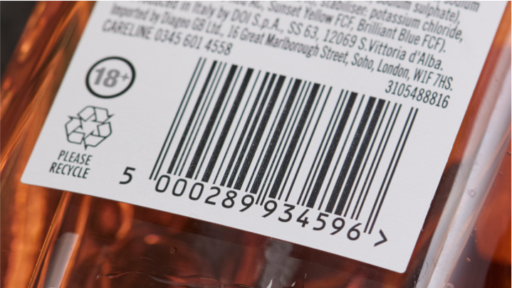 Barcode on the label of a bottle of alcohol.